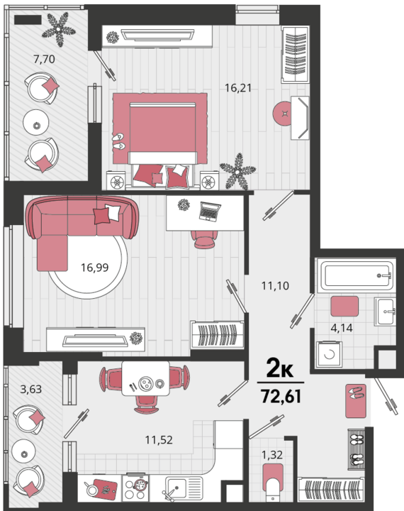 2-комнатная квартира №178 66,95 м2 от застройщика ГК ТОЧНО