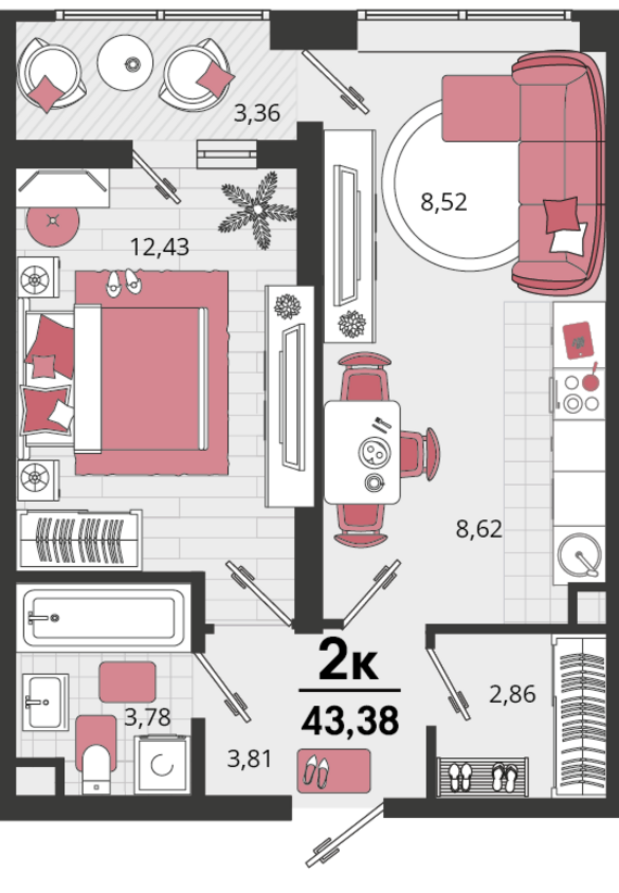 2-комнатная квартира №180 43,38 м2 от застройщика ГК ТОЧНО