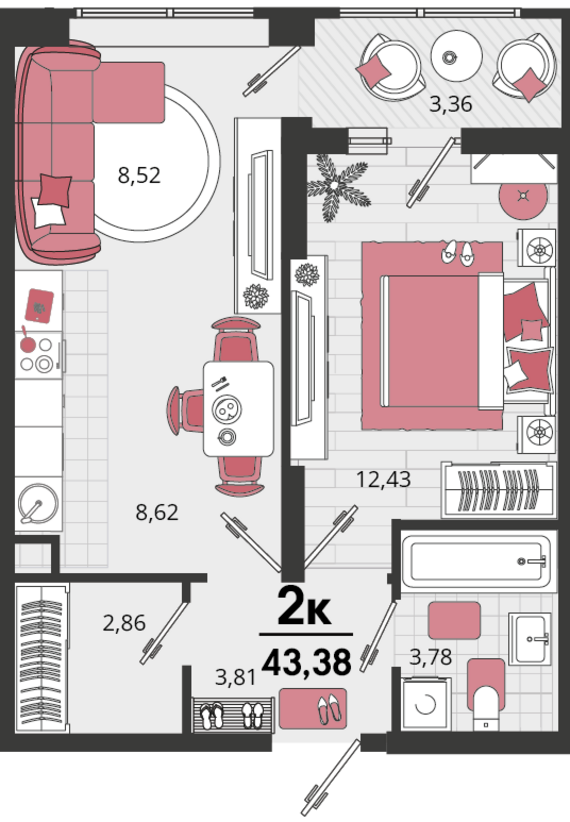 2-комнатная квартира №181 43,38 м2 от застройщика ГК ТОЧНО