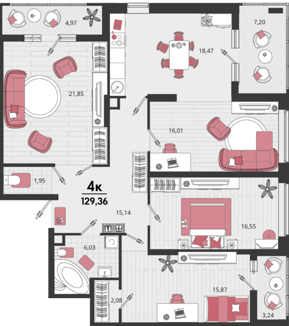 4-комнатная квартира №182 121,66 м2 от застройщика ГК ТОЧНО