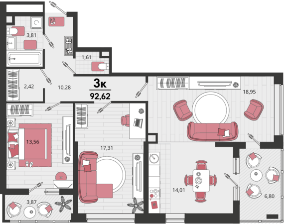 3-комнатная квартира №183 87,29 м2 от застройщика ГК ТОЧНО