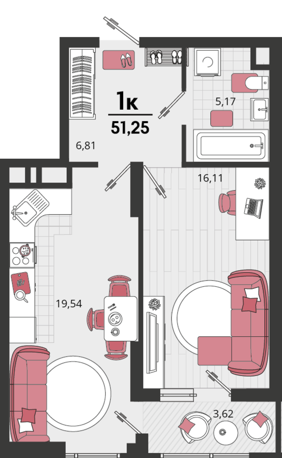1-комнатная квартира №184 51,25 м2 от застройщика ГК ТОЧНО