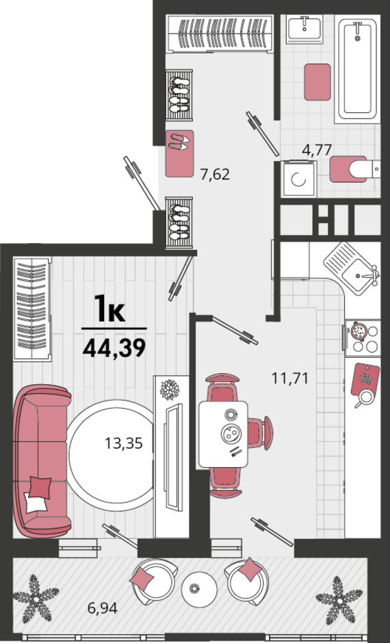1-комнатная квартира №1 40,92 м2 от застройщика ГК ТОЧНО