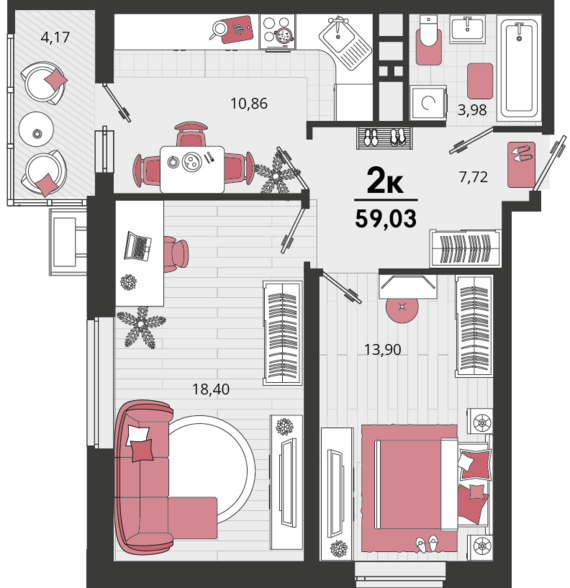 2-комнатная квартира №2 56,96 м2 от застройщика ГК ТОЧНО