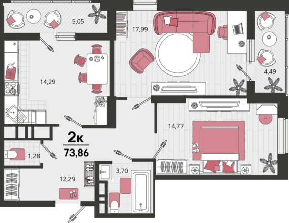 2-комнатная квартира №7 69,1 м2 от застройщика ГК ТОЧНО