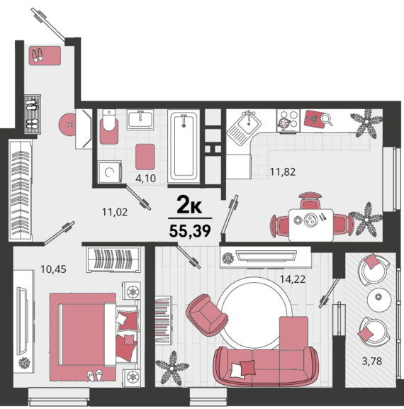 2-комнатная квартира №9 53,5 м2 от застройщика ГК ТОЧНО