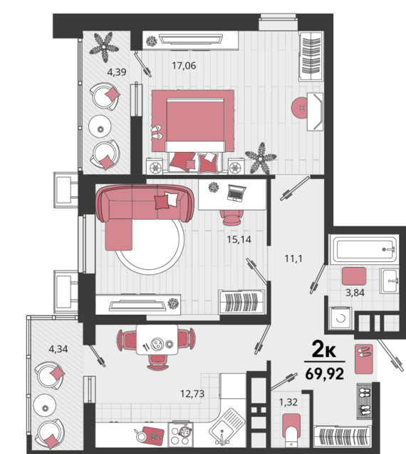 2-комнатная квартира №157 65,56 м2 от застройщика ГК ТОЧНО