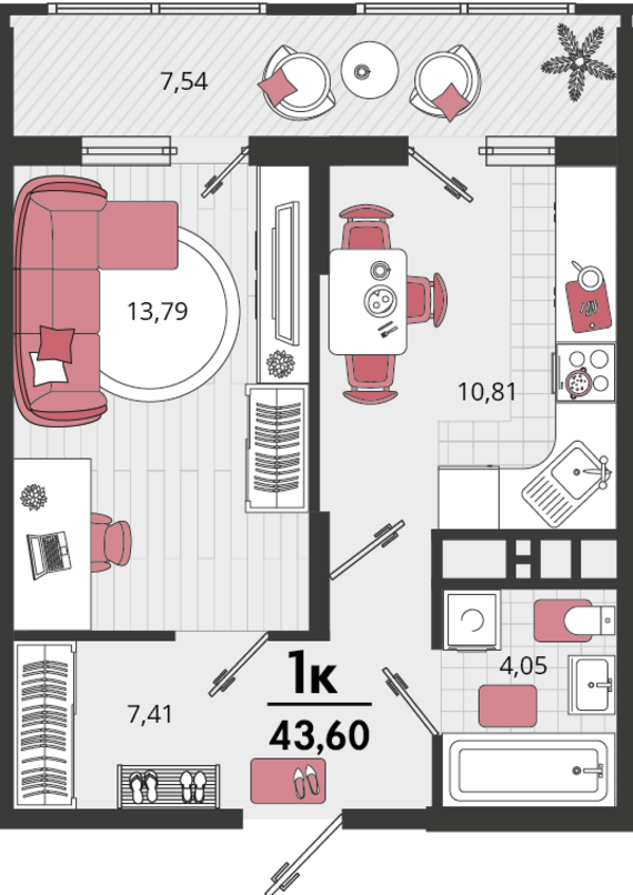 1-комнатная квартира №94 39,83 м2 от застройщика ГК ТОЧНО