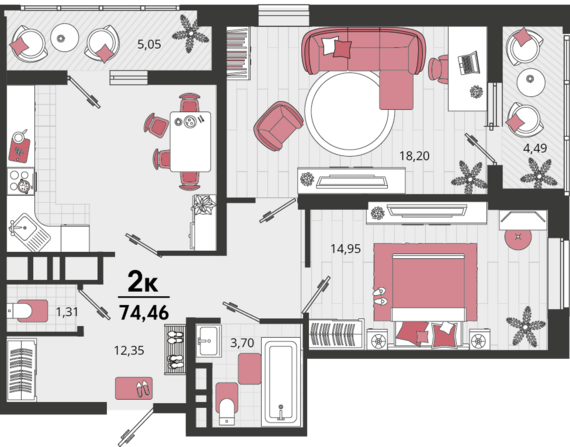 2-комнатная квартира №95 69,7 м2 от застройщика ГК ТОЧНО