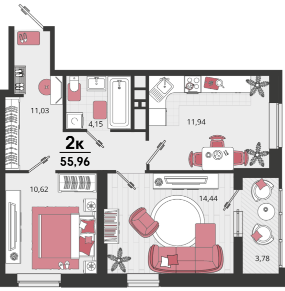 2-комнатная квартира №108 54,07 м2 от застройщика ГК ТОЧНО