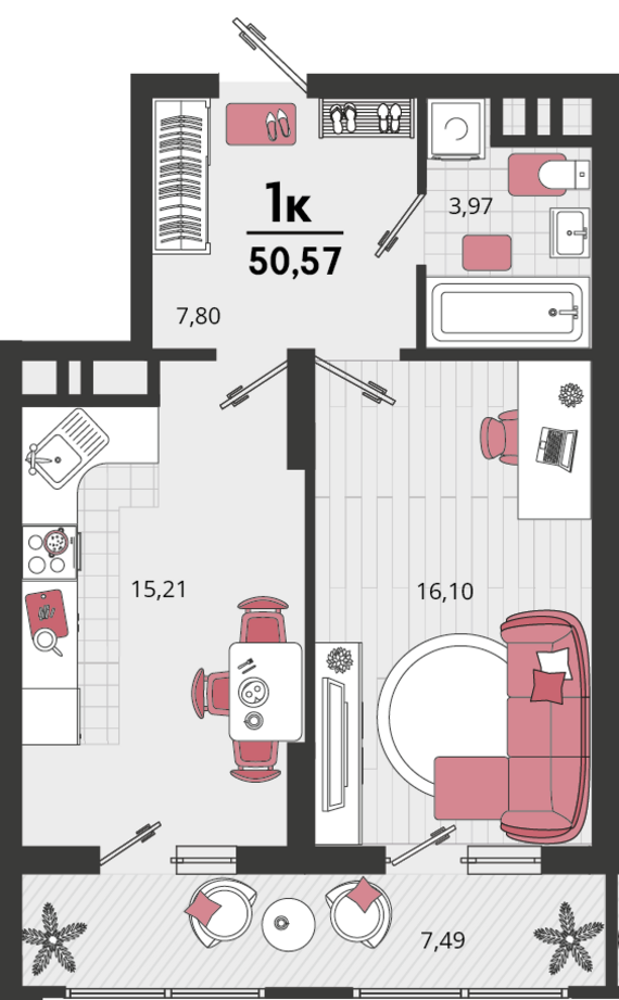 1-комнатная квартира №143 46,83 м2 от застройщика ГК ТОЧНО