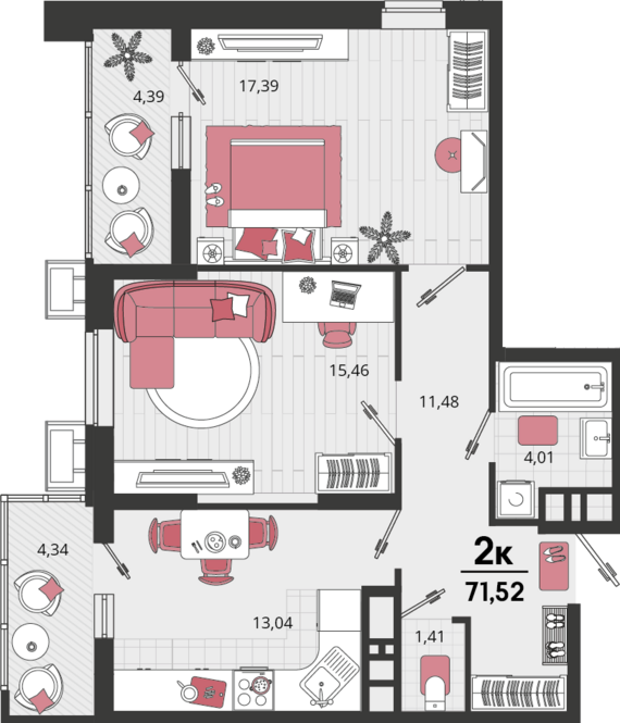 2-комнатная квартира №146 71,52 м2 от застройщика ГК ТОЧНО
