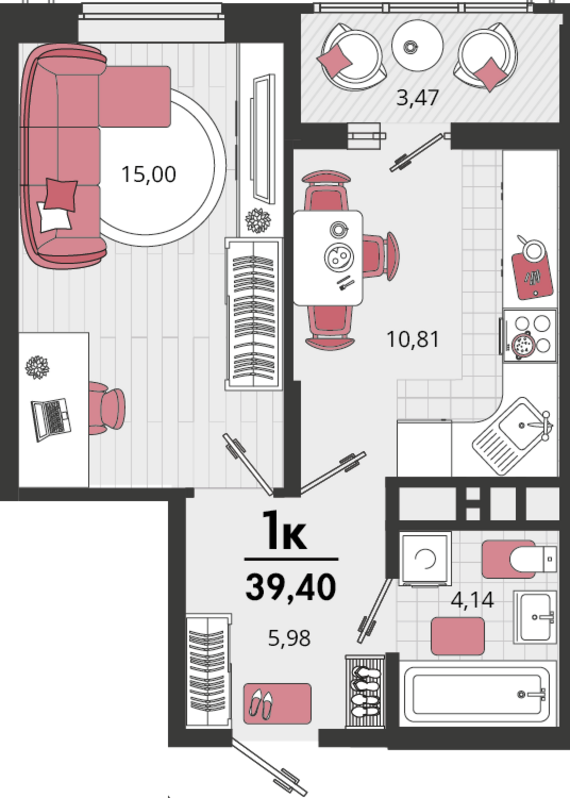 1-комнатная квартира №37 39,4 м2 от застройщика ГК ТОЧНО
