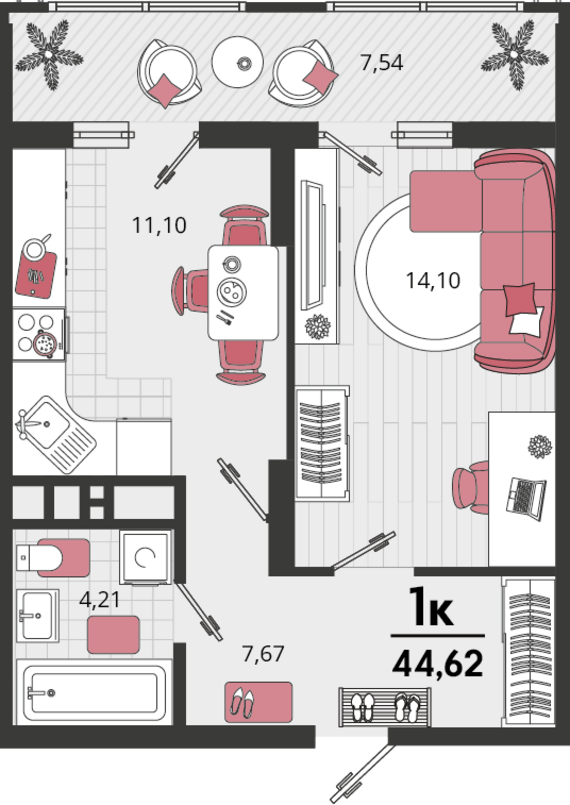 1-комнатная квартира №38 44,62 м2 от застройщика ГК ТОЧНО