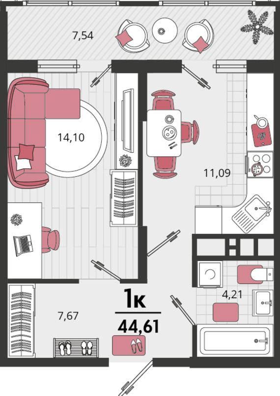 1-комнатная квартира №116 44,61 м2 от застройщика ГК ТОЧНО