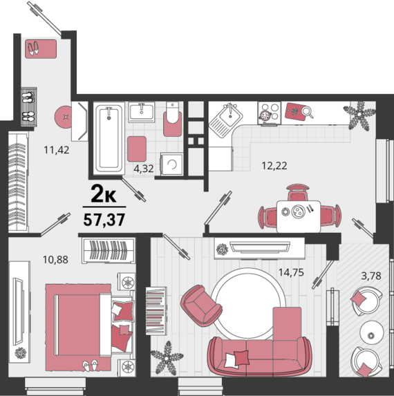 2-комнатная квартира №141 57,37 м2 от застройщика ГК ТОЧНО