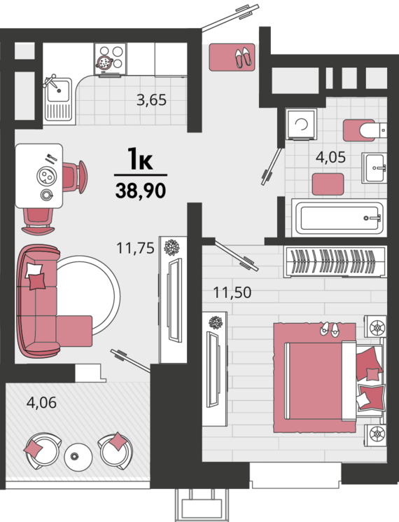 2-комнатная квартира №636 38,9 м2 от застройщика ГК ТОЧНО