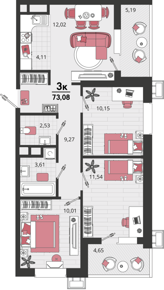 4-комнатная квартира №683 73,08 м2 от застройщика ГК ТОЧНО