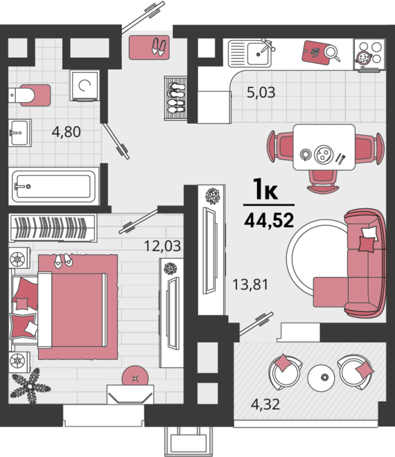 2-комнатная квартира №1 44,52 м2 от застройщика ГК ТОЧНО