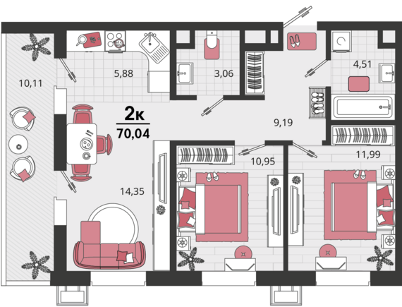 3-комнатная квартира №2 70,04 м2 от застройщика ГК ТОЧНО