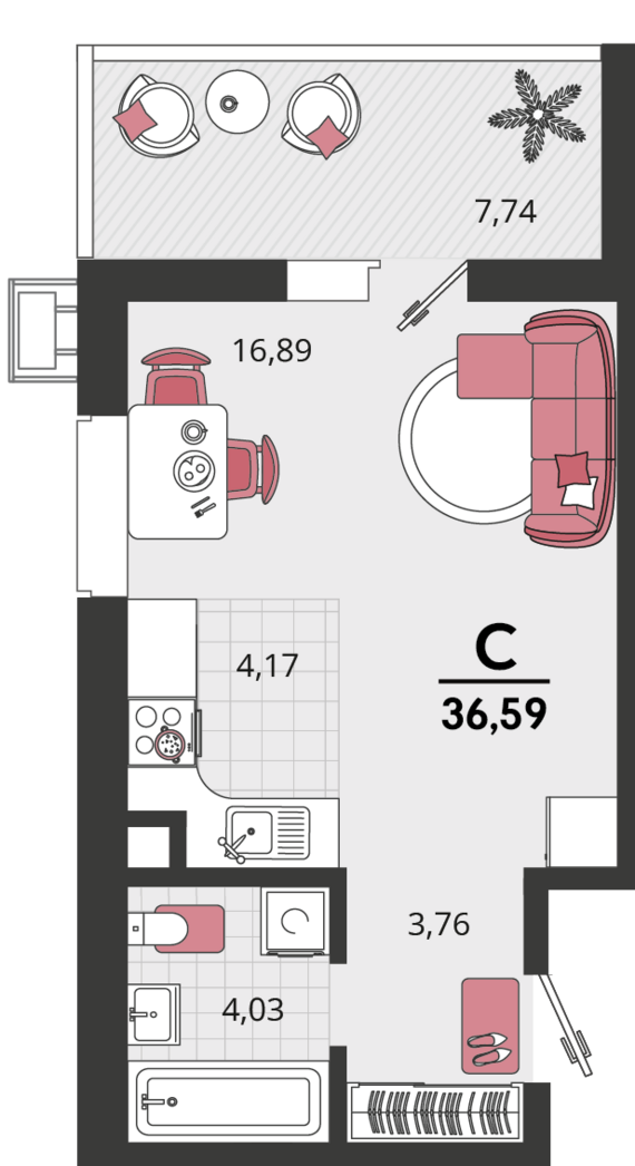 1-комнатная квартира №3 36,59 м2 от застройщика ГК ТОЧНО