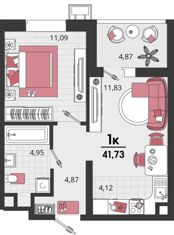 2-комнатная квартира №4 41,73 м2 от застройщика ГК ТОЧНО