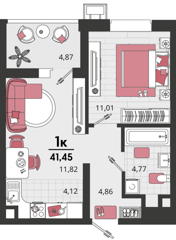 2-комнатная квартира №5 41,45 м2 от застройщика ГК ТОЧНО