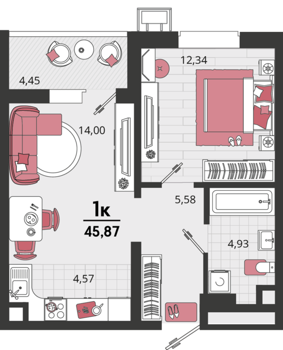 2-комнатная квартира №7 45,87 м2 от застройщика ГК ТОЧНО