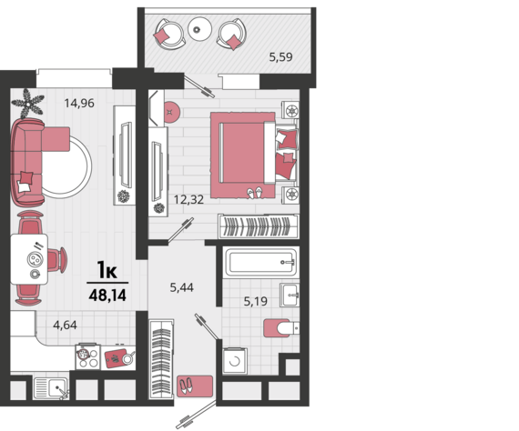 2-комнатная квартира №8 42,55 м2 от застройщика ГК ТОЧНО