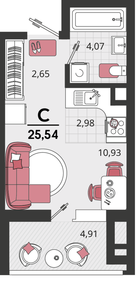 1-комнатная квартира №10 25,54 м2 от застройщика ГК ТОЧНО