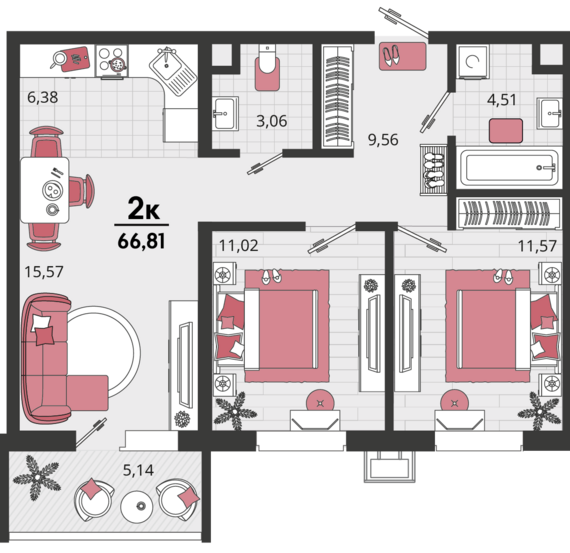 3-комнатная квартира №11 61,67 м2 от застройщика ГК ТОЧНО
