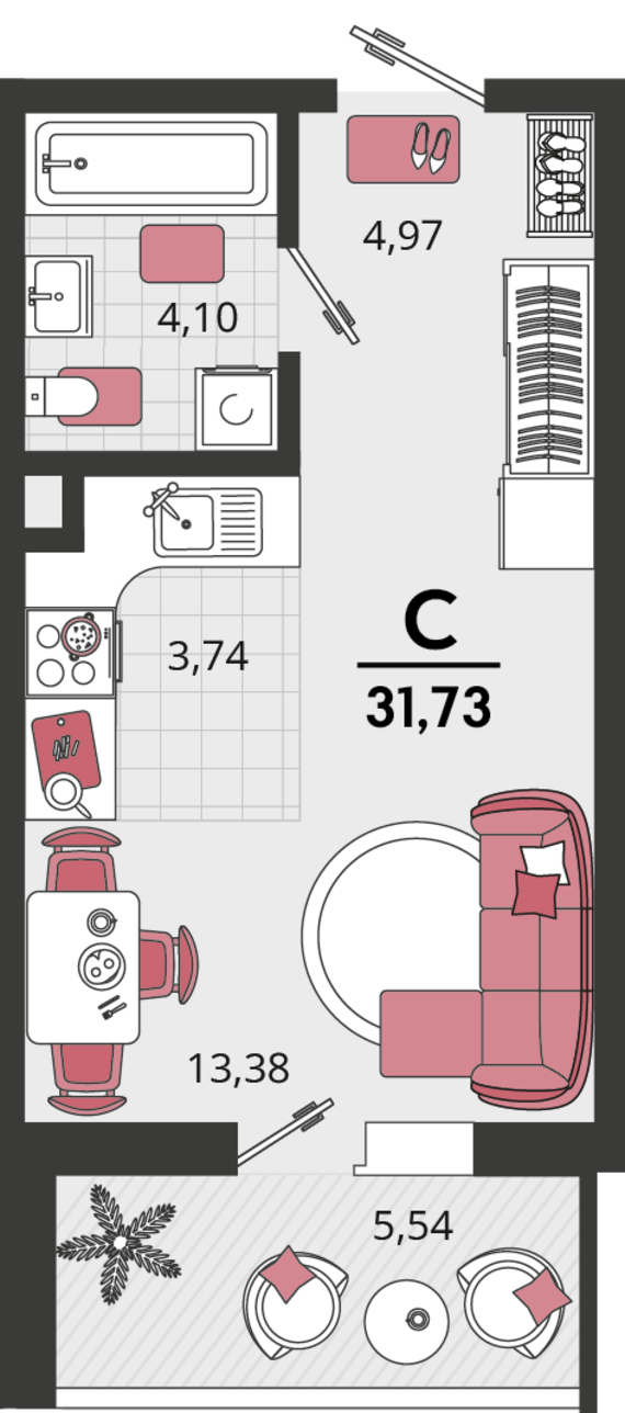 1-комнатная квартира №12 31,73 м2 от застройщика ГК ТОЧНО