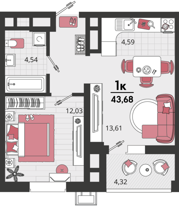 2-комнатная квартира №85 43,68 м2 от застройщика ГК ТОЧНО