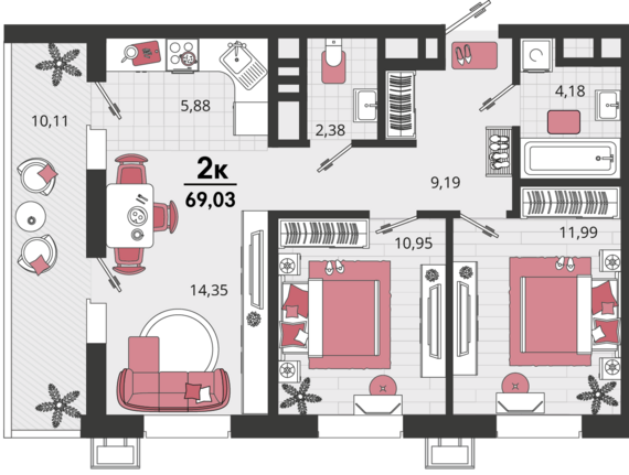 3-комнатная квартира №26 69,03 м2 от застройщика ГК ТОЧНО