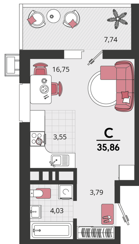 1-комнатная квартира №135 35,86 м2 от застройщика ГК ТОЧНО