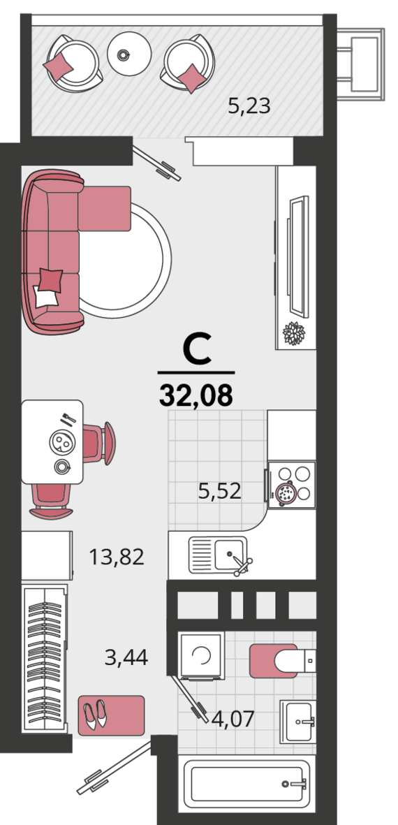 1-комнатная квартира №69 32,08 м2 от застройщика ГК ТОЧНО