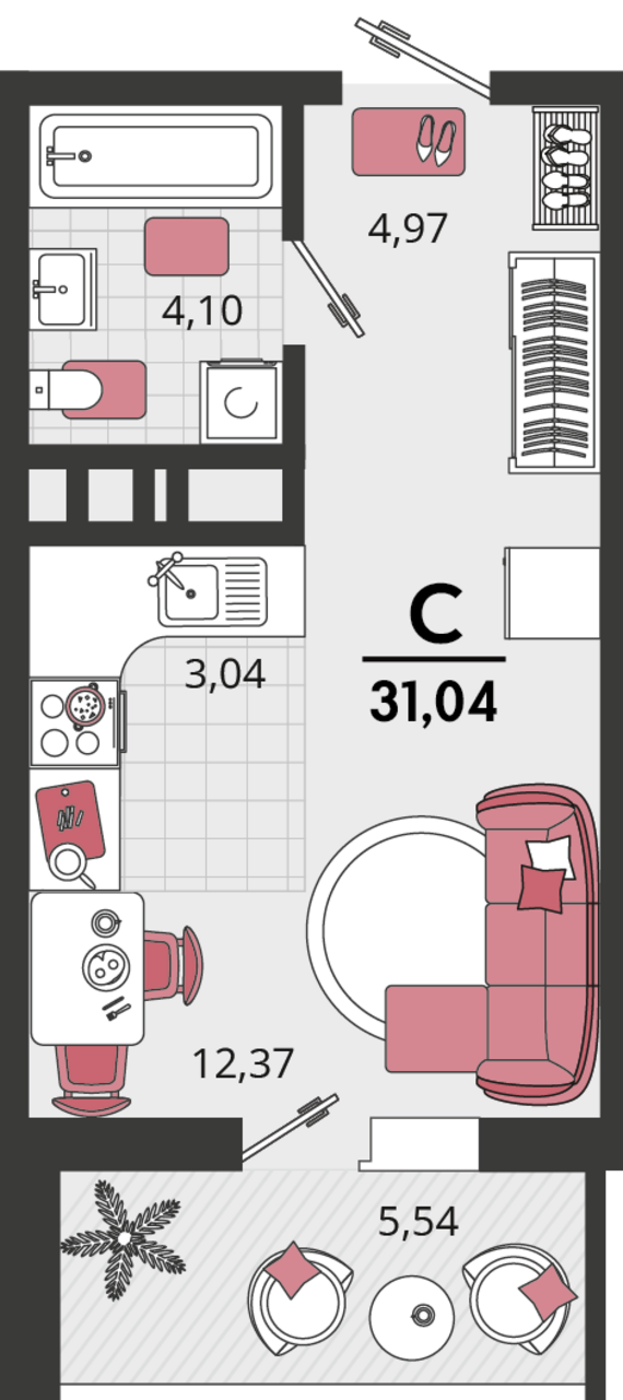 1-комнатная квартира №192 31,04 м2 от застройщика ГК ТОЧНО