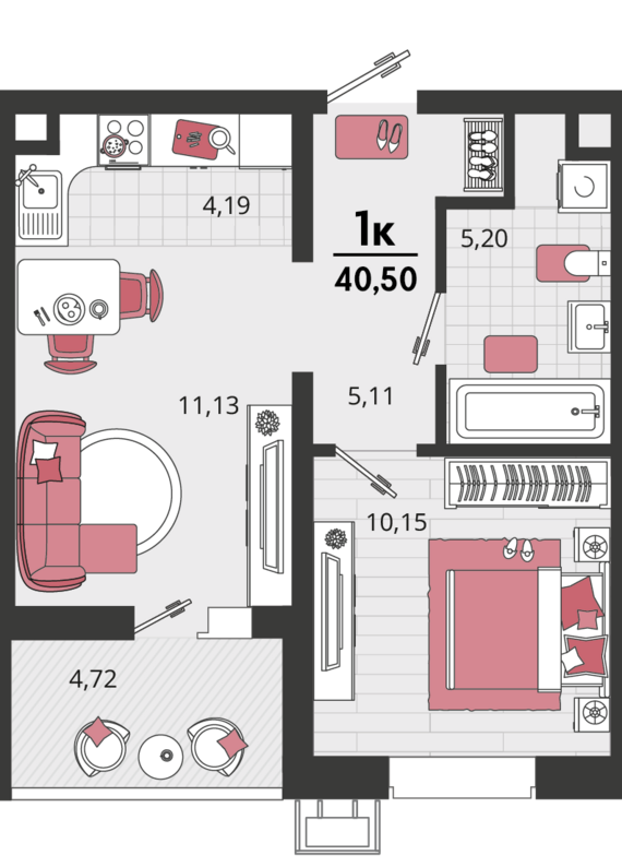 2-комнатная квартира №201 40,5 м2 от застройщика ГК ТОЧНО