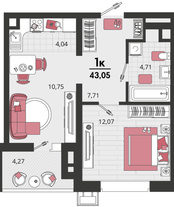 2-комнатная квартира №203 43,05 м2 от застройщика ГК ТОЧНО