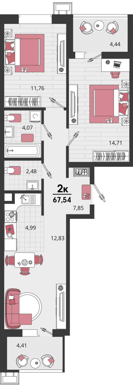 3-комнатная квартира №204 67,54 м2 от застройщика ГК ТОЧНО
