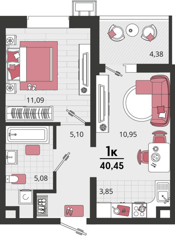2-комнатная квартира №205 40,45 м2 от застройщика ГК ТОЧНО