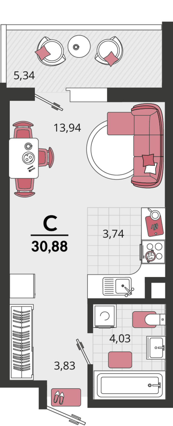 1-комнатная квартира №207 25,54 м2 от застройщика ГК ТОЧНО
