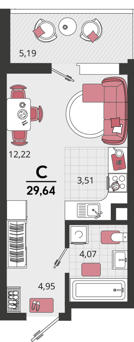 1-комнатная квартира №208 24,45 м2 от застройщика ГК ТОЧНО