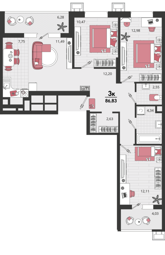 4-комнатная квартира №367 86,83 м2 от застройщика ГК ТОЧНО