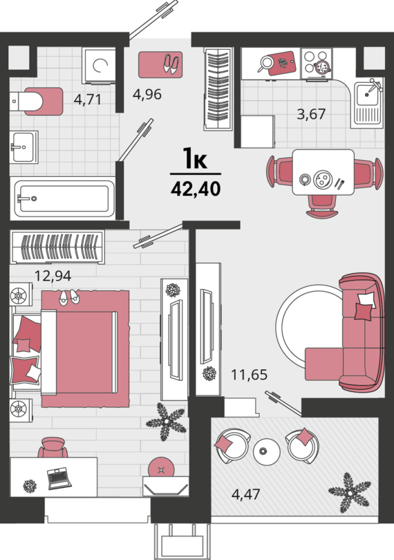 2-комнатная квартира №369 42,4 м2 от застройщика ГК ТОЧНО