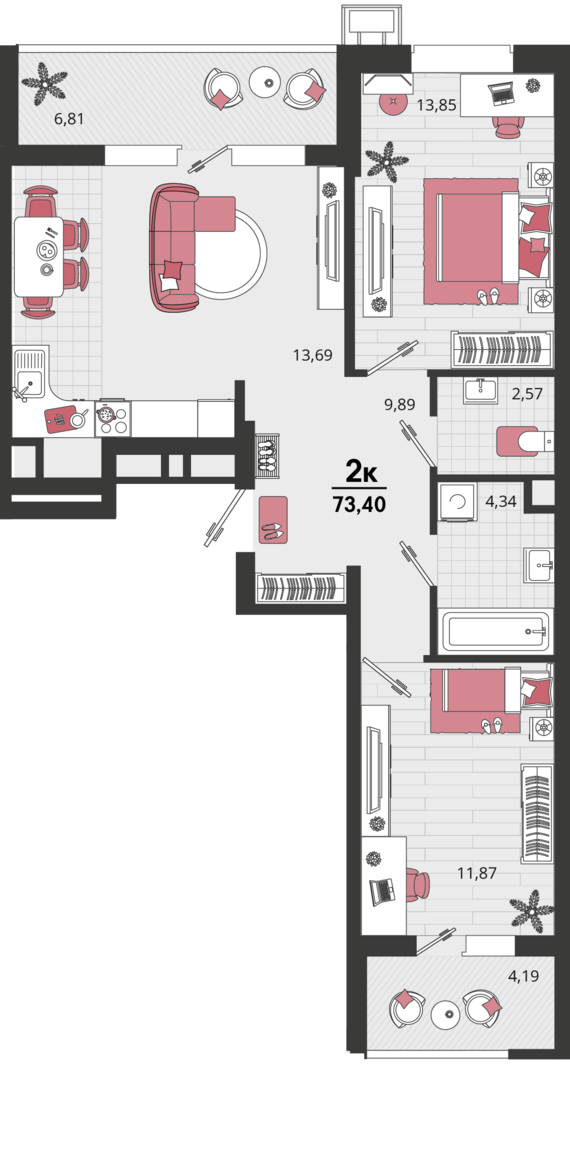 3-комнатная квартира №451 71,31 м2 от застройщика ГК ТОЧНО
