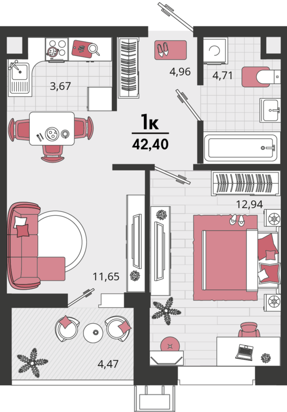 2-комнатная квартира №453 42,4 м2 от застройщика ГК ТОЧНО