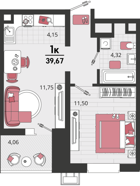 2-комнатная квартира №539 42,83 м2 от застройщика ГК ТОЧНО