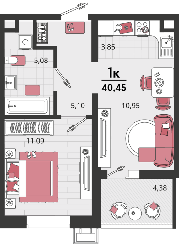2-комнатная квартира №540 38,62 м2 от застройщика ГК ТОЧНО