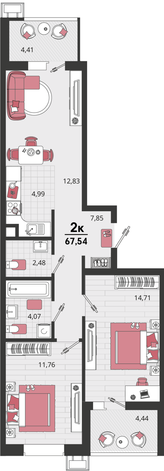 2-комнатная квартира №541 40,5 м2 от застройщика ГК ТОЧНО